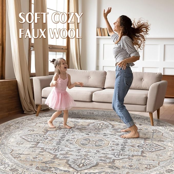 Round Rug Living Room Rugs: 8x8 Washable Boho Neutral Large Circle Soft Indoor - Image 3
