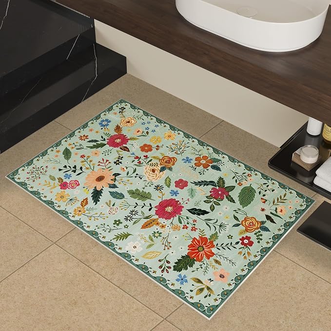 2x3 Washable Rug for Entryway, Floral Green Soft Small Area Rug, Non Slip - Image 4