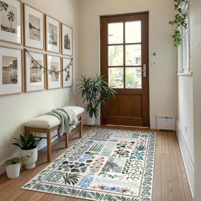 Floral Boho Beige Washable 3x5 Bathroom Entrance Rugs Indoor, Non Slip Flower - Image 3