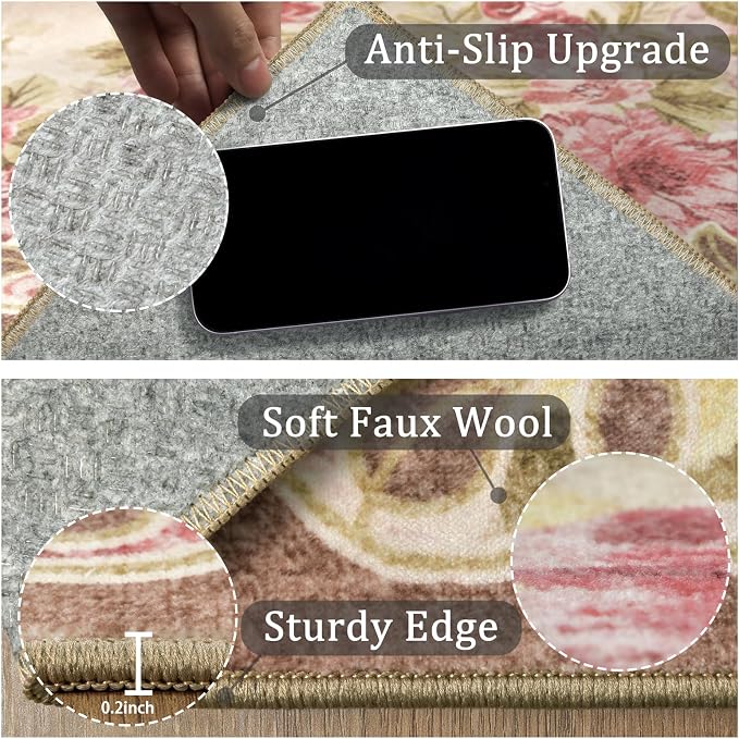 2x6 Machine Washable Runner Rug, Kitchen Hallway Area Rug Pink Vintage Boho - Image 6
