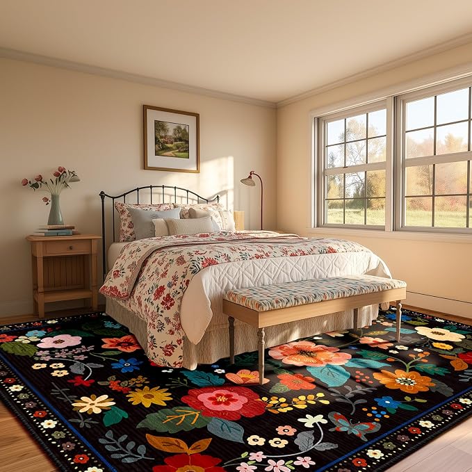 Floral 9x12 Area Rug Machine Washable Soft Print Boho Carpet Non Slip Doormat - Image 6