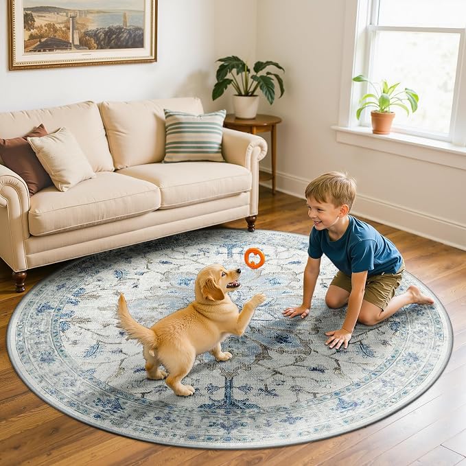 Area Rugs 5ft Washable Non-Slip, Floral Vintage Distress Print Pattern - Image 3