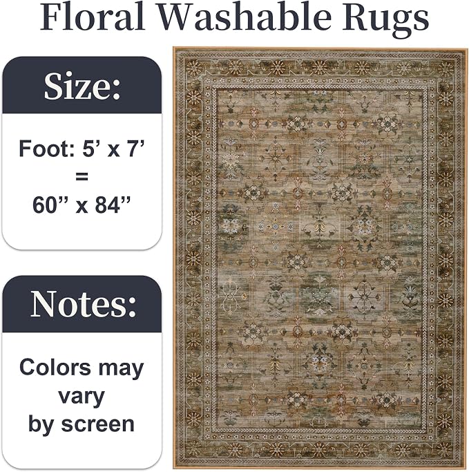 5x7 Washable Area Rug for Living Room Dining Room, Distressed Non Slip Vintage - Image 2