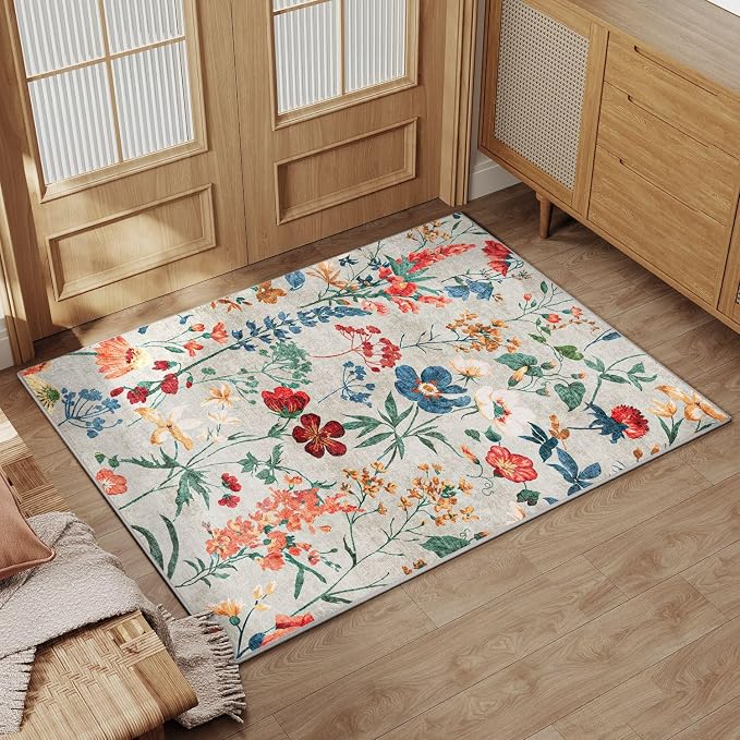 Beige Area Rug 2x3 Entryway Floral Boho Door Mat Indoor Washable Kitchen Carpet - Image 6