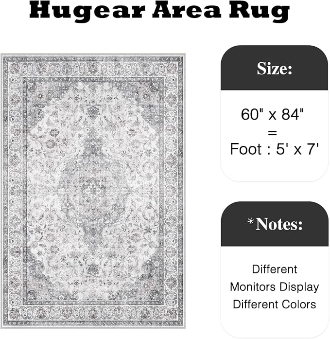 HUGEAR Area Rug 5x7 Vintage Grey Machine Washable Living Room Rugs Thin Neutral - Image 2
