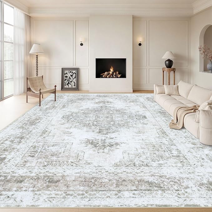 Area Rug 9x12 Living Room Rug, Machine Washable Vintage Distressed Medallion by XLUEZ