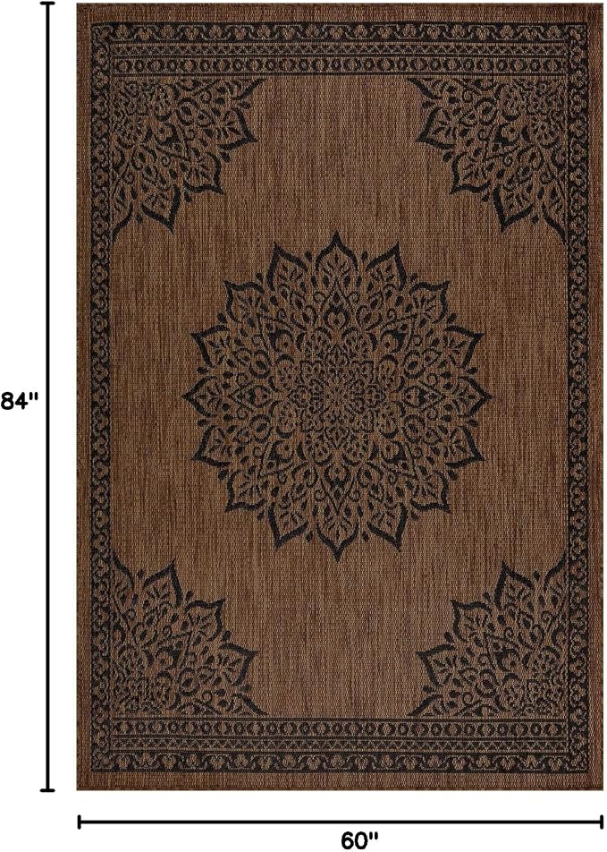CAMILSON Outdoor Rug, 5x7 Medallion Nut Brown Black Modern Area Rugs - Image 2