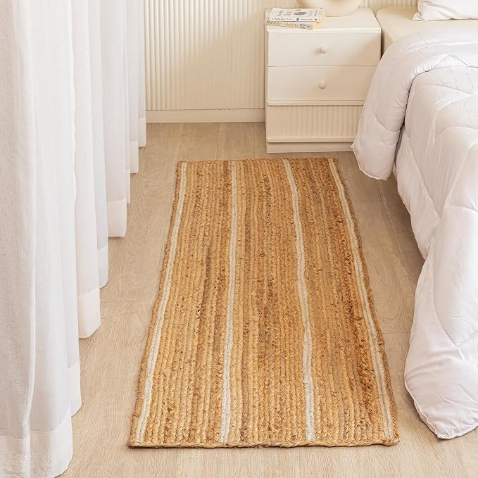HOMEMONDE Braided Jute Runner Rug 2x6 ft Natural and Off White Stripe - Image 3
