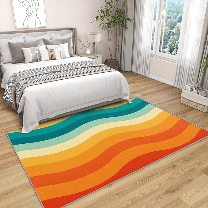70s Rugs for Bedroom -Retro 70s Rug, 6x8 ft, Vintage Abstract Wave Washable - Image 3