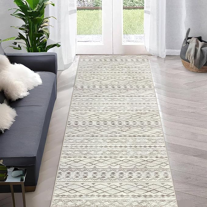 KUTA Moroccan Boho Runner Rug 2.6x10 Non-Slip Vintage Beige Washable Hallway - Image 2