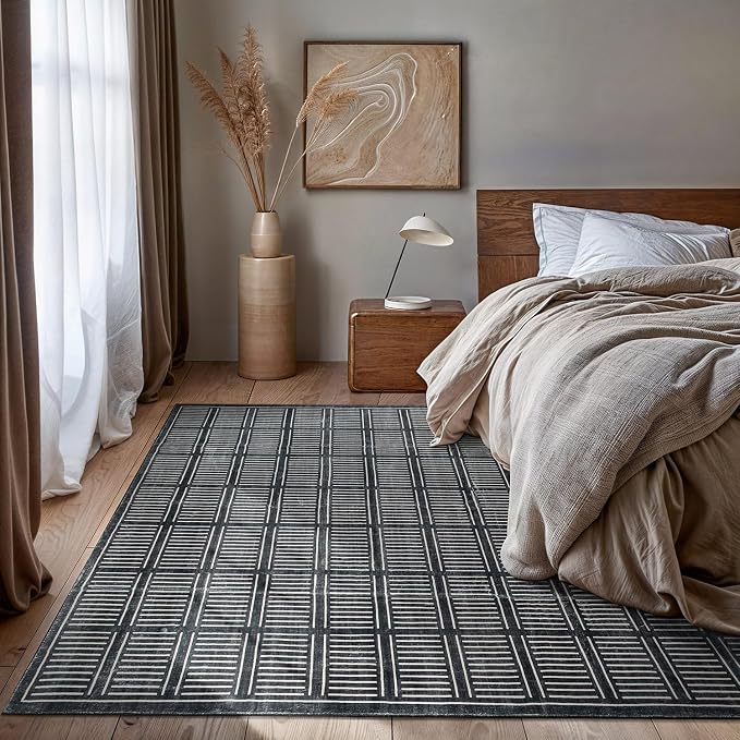 Rugshop Bohemian Stripe Lines Washable Non Slip Area Rug 8' x 10' Black - Image 7
