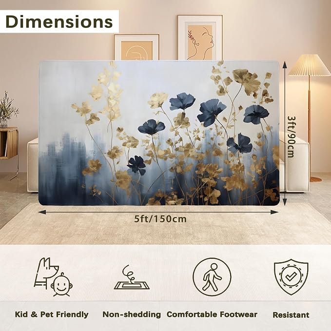 Blue Gray Flower Area Rug for Living Room, Non-Slip Backing Low Pile Modern - Image 2