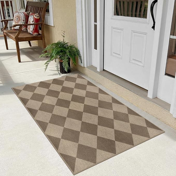 Easy Jute Checkered Entryway Rug, 2.6x4 Brown Modern Indoor Outdoor Doormat - Image 6