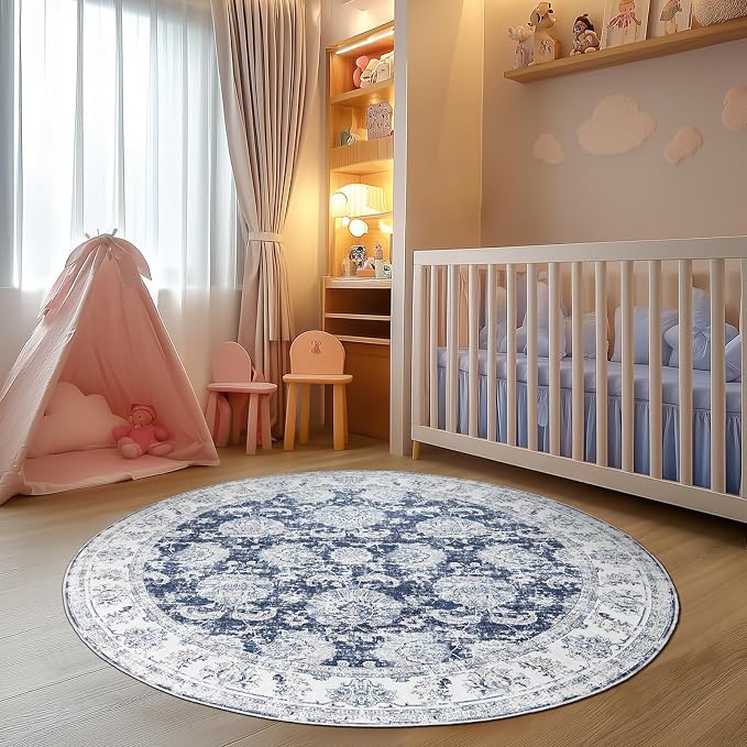 jinchan Fiora Round Rug 5ft Area Rugs Vintage Floral Distressed Design - Image 3