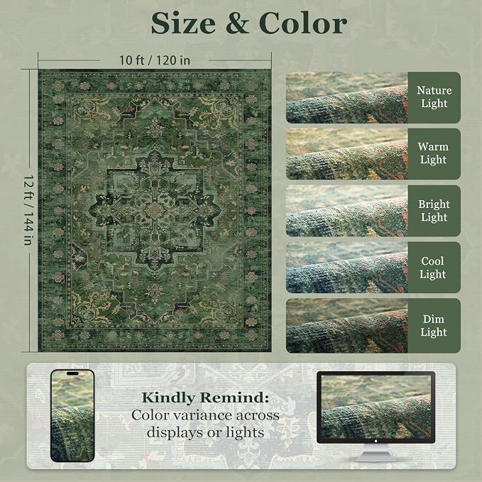 Green Large Area Rugs 10x12, Living Room Bedroom Carpet Extra Large Size - Image 2