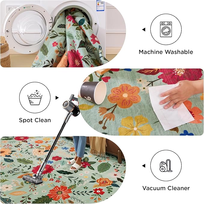 5x7 Washable Rug for Living Room, Non Slip Low Pile Soft Flower Carpet - Image 6