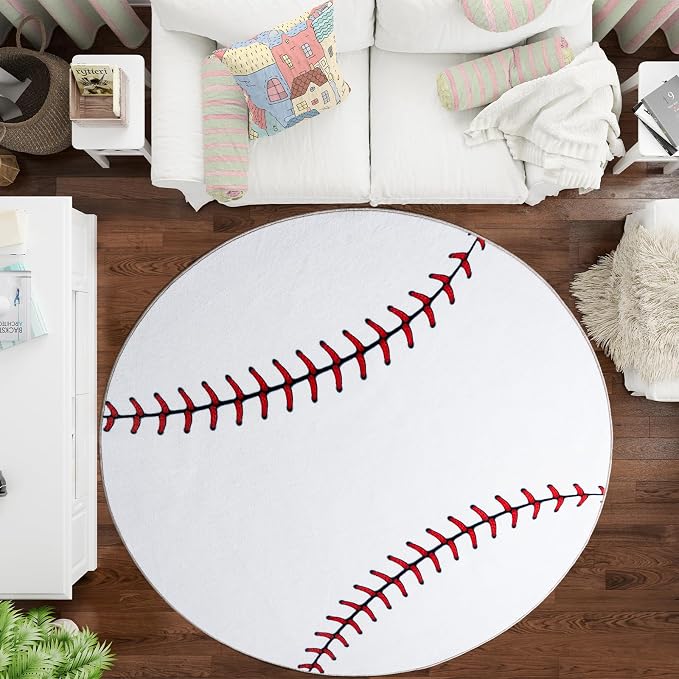 Soft Round Rugs for Bedroom, Baseball Rug for Boys, Bedside Area Kids Carpet - Image 5