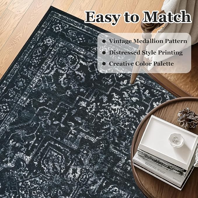 Distressed Black Rugs for Living Room 6x9, Low Pile Thin Area Rugs for Bedroom - Image 7
