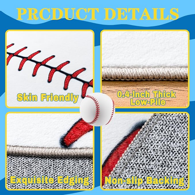 Soft Round Rugs for Bedroom, Baseball Rug for Boys, Bedside Area Kids Carpet - Image 6