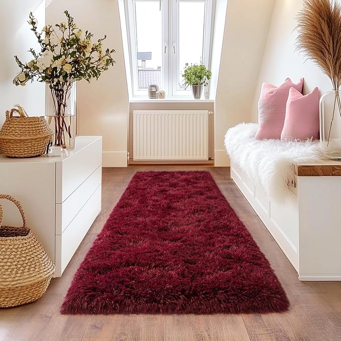 Burgundy Runner Rug for Hallway, Bedroom Bedside Plush Rugs, Non Slip Fluffy - Image 3