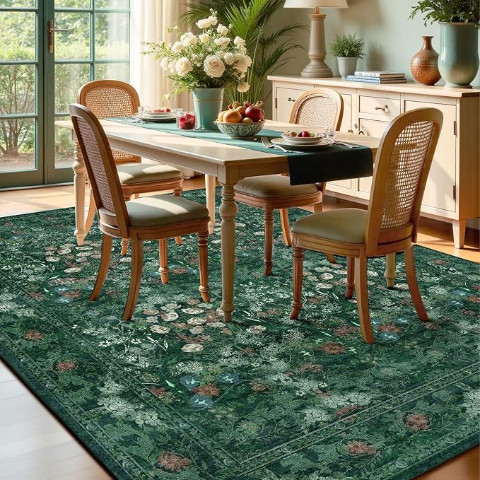 Green Boho Living Room 5x7 Area Rug, Floral Washable Vintage Distressed Rug - Image 3