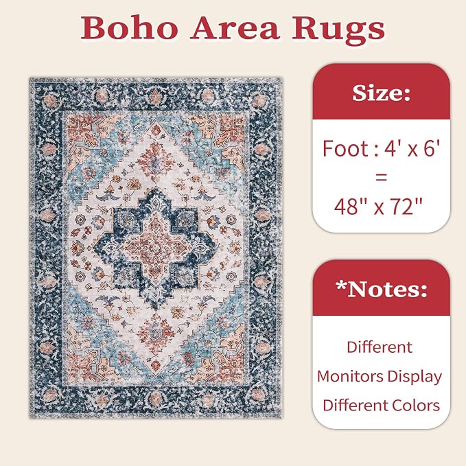 SERISSA 4x6 Boho Bedroom Rug, Washable Non Slip Vintage Blue Orange Area Rugs - Image 2