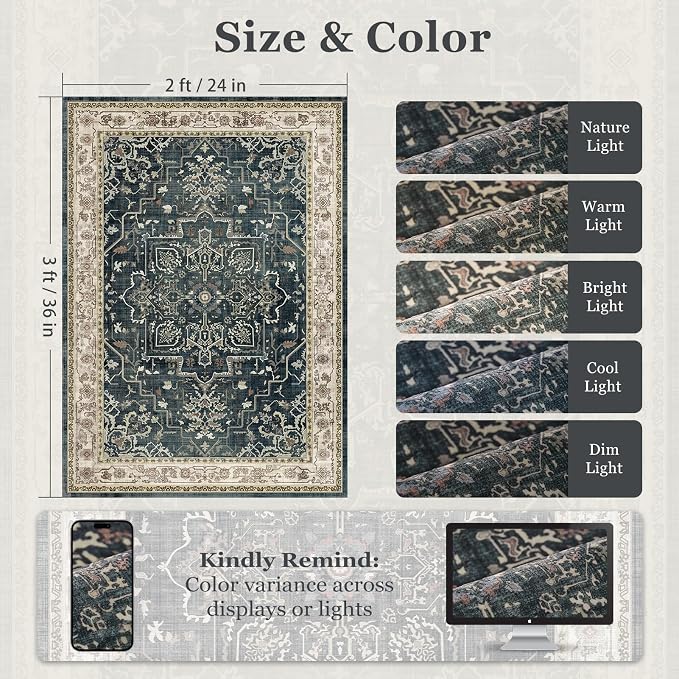 Vintage Distressed 2x3 Kitchen Rugs Washable Non Slip, Medallion Door Mat - Image 2