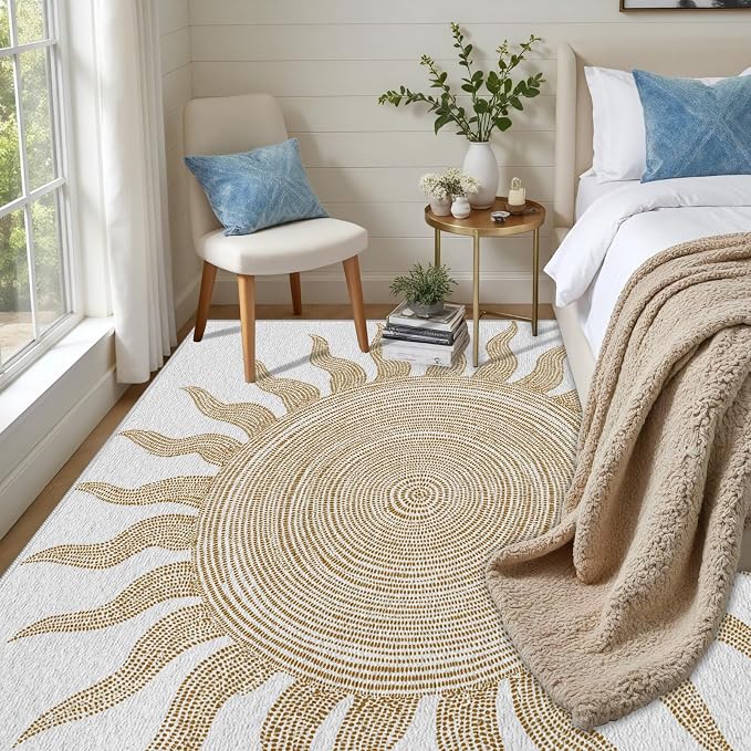 Boho Washable Rugs for Bedroom 6x8, Modern Sun Print Soft Minimalism Area Rug - Image 3