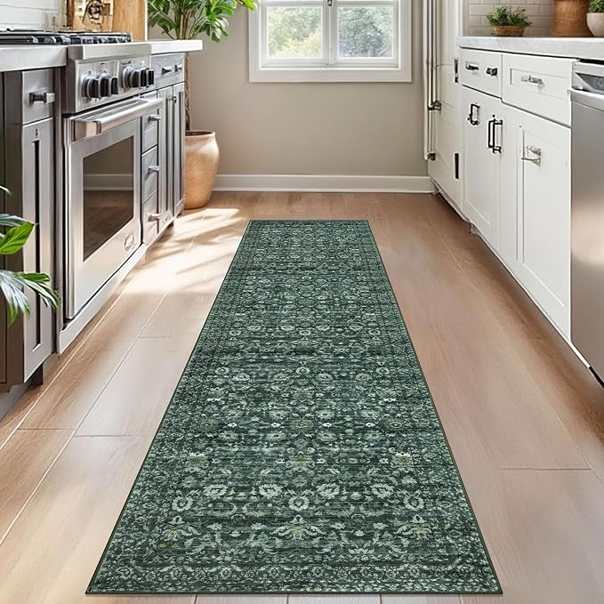 Vintage Floral 2x7 Runner Rug, Dark Green Washable Kitchen Runner Rug Non-Slip - Image 2