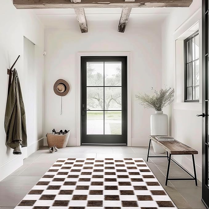 EVERGRACE Checkered Plaid Area Rug 4x6, Soft Fuzzy Faux Wool Rugs Washable Anti - Image 2
