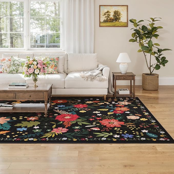 Living Room Rug 6x9 Rug Machine Washable Boho Area Rug Non Slip Floral Vintage - Image 2