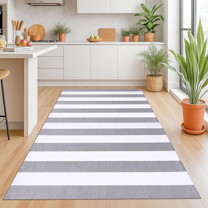 KOZYFLY Grey and White Striped Rug 4'x6' Indoor Outdoor Rug Cotton Hand-Woven - Image 4
