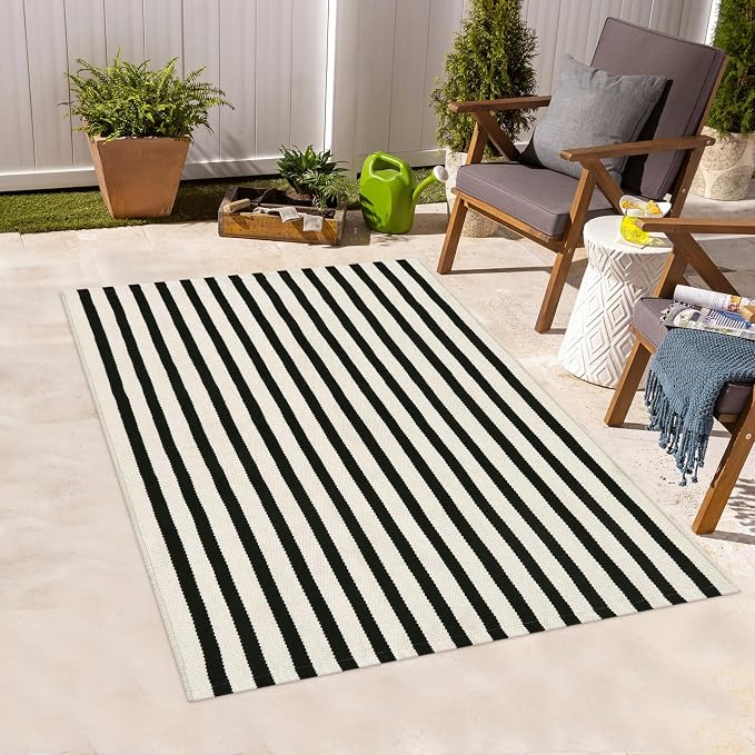 Striped Outdoor Rugs 3'x5', Cotton Hand Woven Rug Front Door Mat, Washable - Image 7
