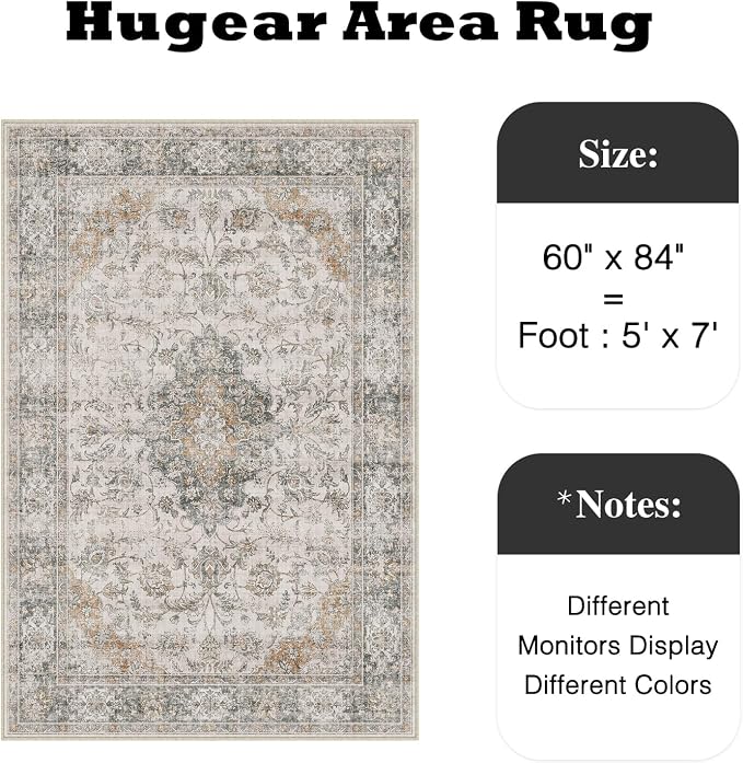 HUGEAR Retro Taupe Green Area Rug 5x7 Machine Washable Living Room Rugs - Image 2