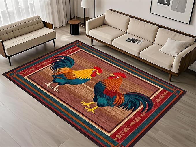 Rustic Rooster Area Rug，3x5ft, The Colorful Rooster Rug in A Farmhouse Style by Unknown