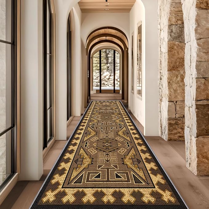 Brown Geometric Runner Rug, 3x8ft Hallway Runner Washable Rug, Corridor & Foyer - Image 4