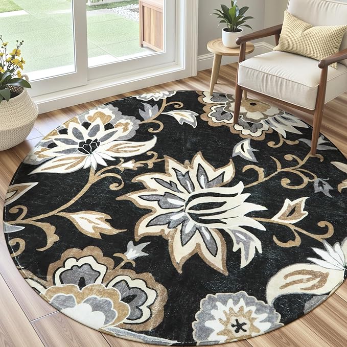 Lahome Floral Black Round Area Rug - 5Ft Washable Ultra-Thin Soft Bedroom Rug by Lahome