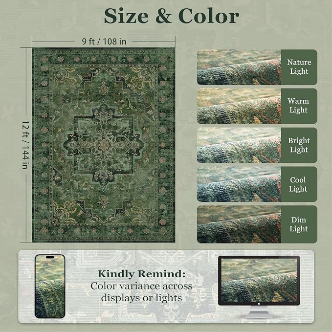 Large Vintage Area Rugs 9x12 for Living Room, Dark Green Tranditional - Image 2