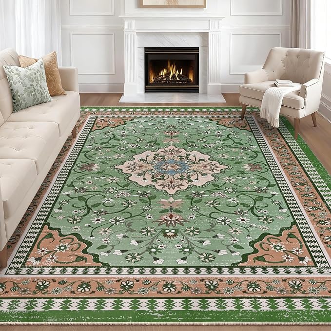 Luxury 5' x 7' Green Washable Area Rugs, Boho Low Pile Easy Clean Non-Slip Rug by BLEUMCADE