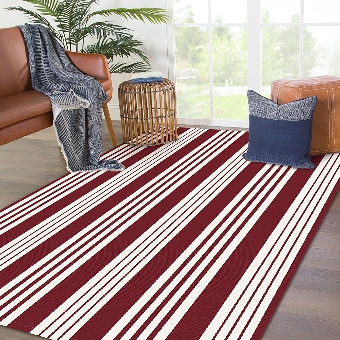 KOZYFLY Striped Outdoor Rug 4x6 Ft Red and White Christmas Front Door Rug Woven - Image 8