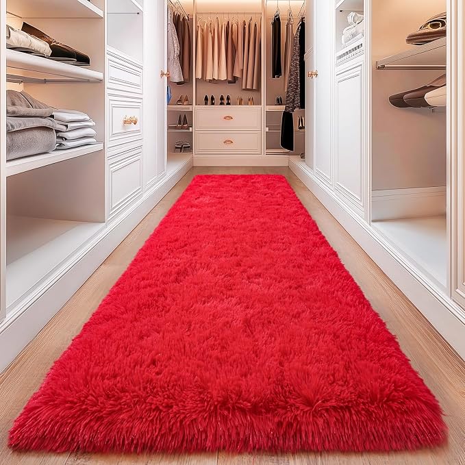 Red Runner Rug for Hallway, Bedroom Bedside Plush Rugs, Non Slip Fluffy Shaggy - Image 4