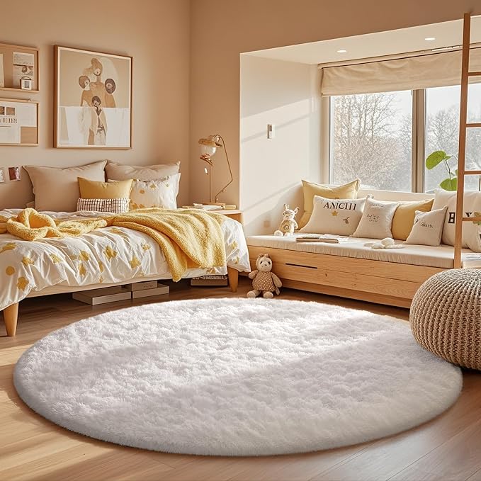 Ophanie Round Rug 5Ft White Circle Area Rug, Aesthetic Room Decor, Fluffy Fuzzy by Ophanie