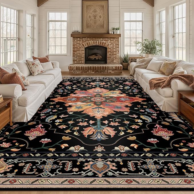 Area Rugs 10'x12' Washable Non-Slip, Floral Vintage Distress Print Pattern by RELEANY