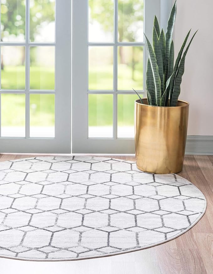 Rugs.com Lattice Trellis Collection Rug – 3 Ft Round White Low-Pile Rug Perfect by Rugscom