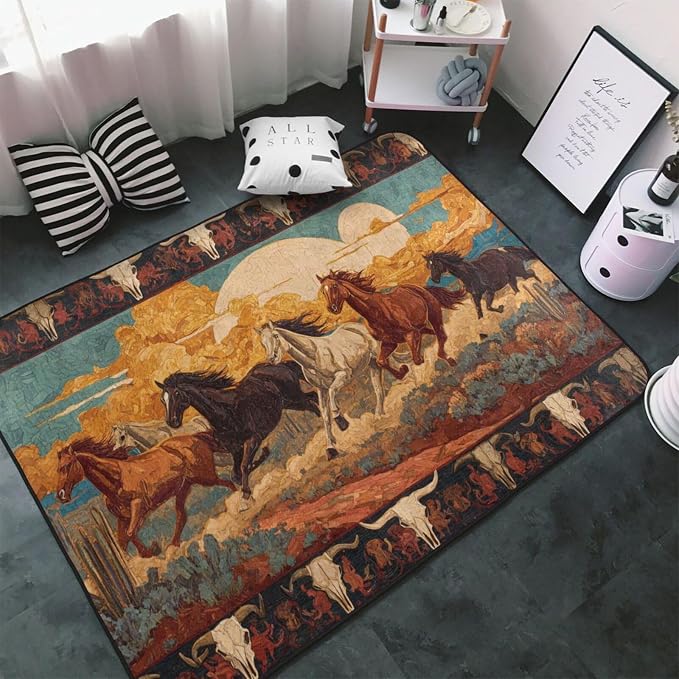 Horse Western Boho Ethnic Style Area Rug Washable Outdoor Rugs Anti-Slip Soft - Image 2