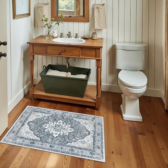 Area Rugs 2'x3' Washable Non-Slip, Floral Vintage Distress Print Pattern - Image 3