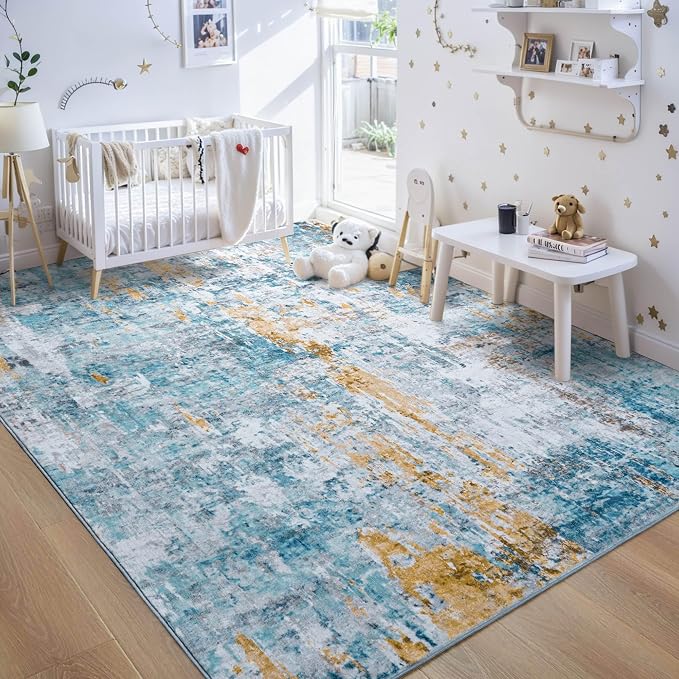 Ompaa Living Room Rug 6x9 Blue Area Rug Machine Washable Boho Rug Non Slip - Image 3
