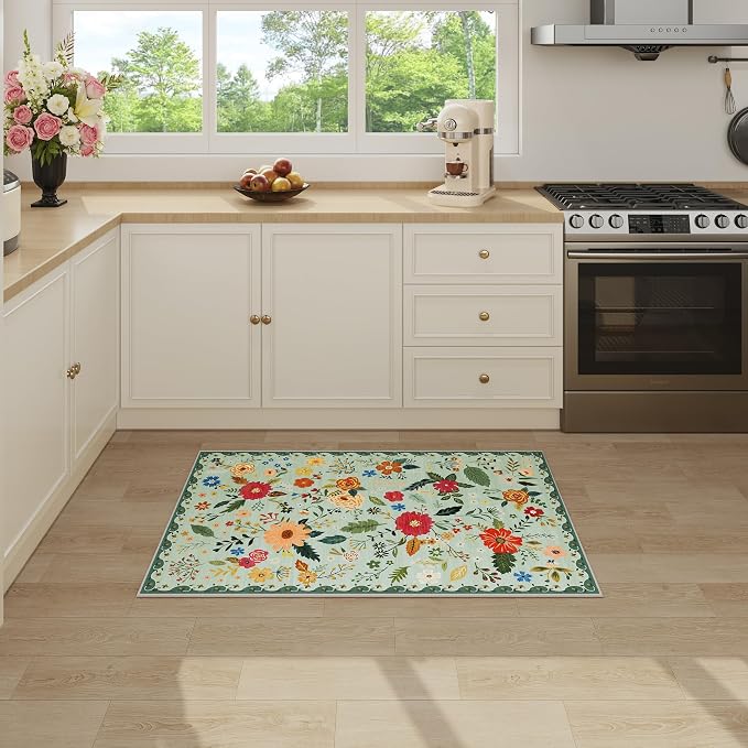 2x3 Washable Rug for Entryway, Floral Green Soft Small Area Rug, Non Slip - Image 2
