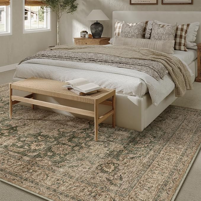 10x12 Vintage Area Rug Green Brown Living Room Bedroom Washable Carpet Non-Slip - Image 3
