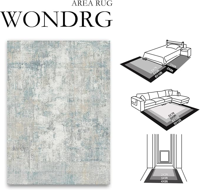 10x14 Area Rug Blue Cream Abstract Living Room Bedroom Washable Carpet Neutral - Image 2